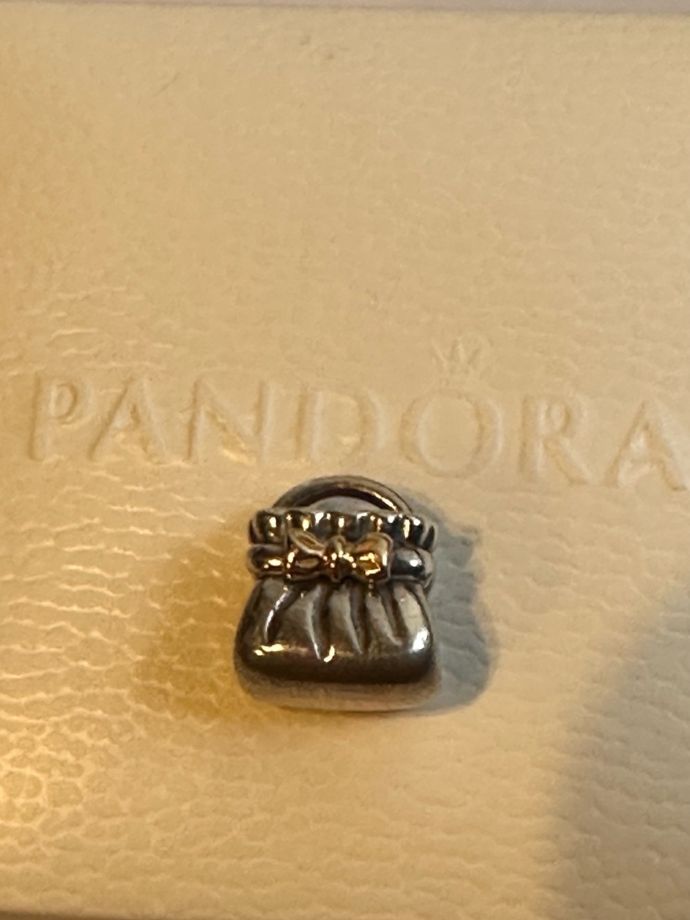 Pandora Retired Silver Purse Handbag Charm with 14k Gold Bow